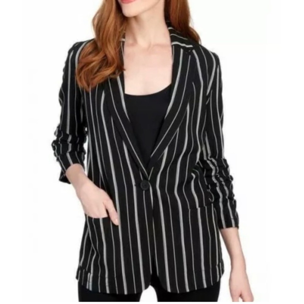 A New Day Womens Black White Striped Linen‎ Blend Blazer Jacket Size 8 NWT